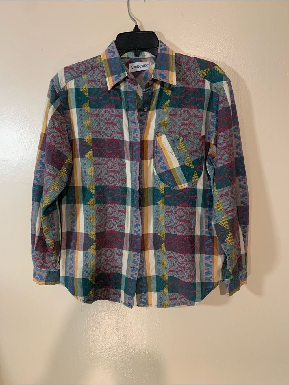 Plaid Button-Up Shirt Long Sleeve Western 100% Cotton Medium Cabin Creek